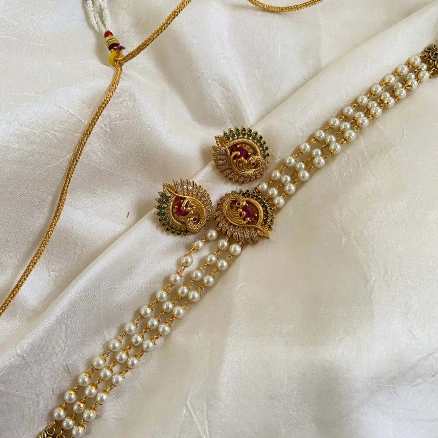 Peacock Pearl Layered Gold Plated Mala Choker Set