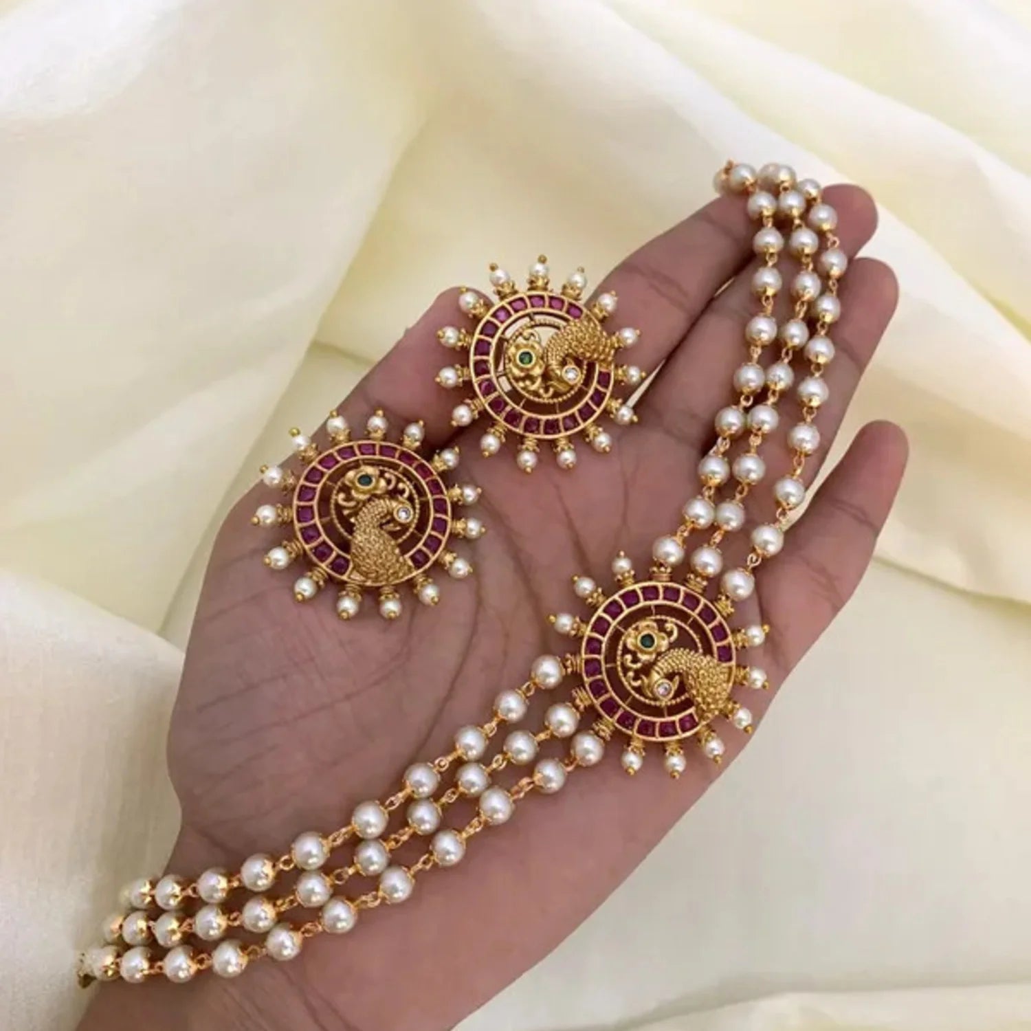 Peacock Pearl Layered Temple Choker Set with Earrings