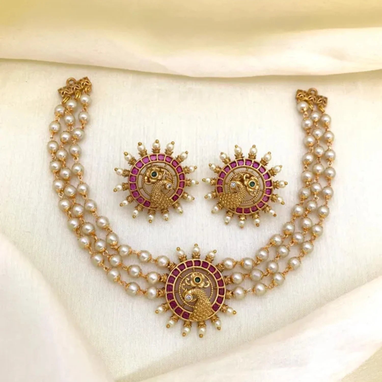 Peacock Pearl Layered Temple Choker Set with Earrings