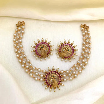 Peacock Pearl Layered Temple Choker Set with Earrings