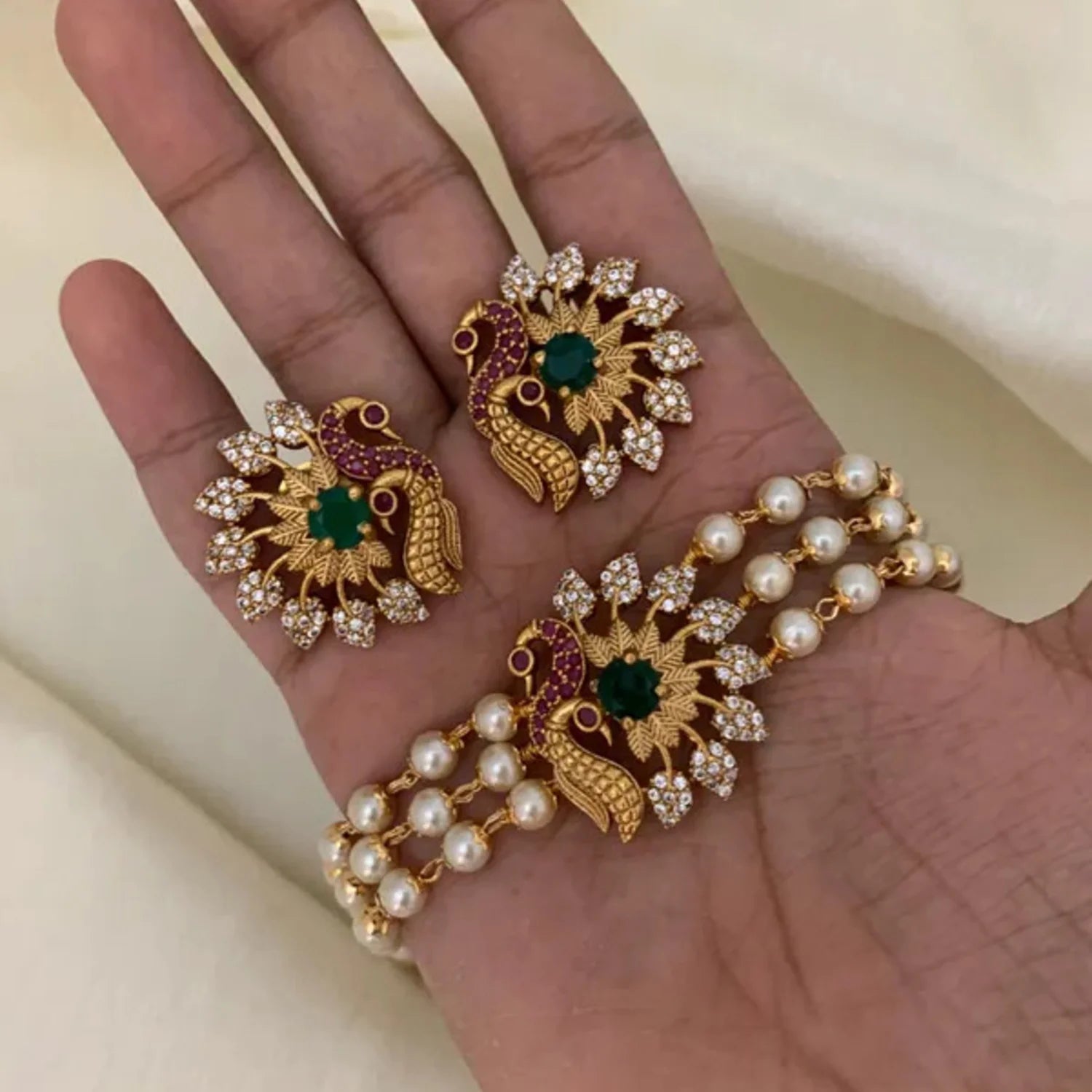 Peacock Pearl Mala Choker Set with AD Stones