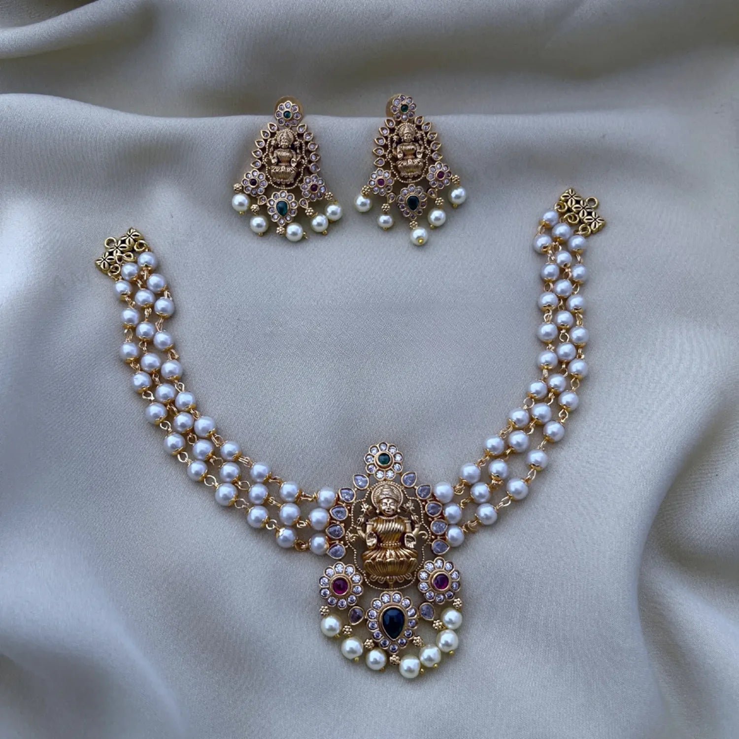 Lakshmi Pearl Layered Temple Mala Choker Set with Earrings