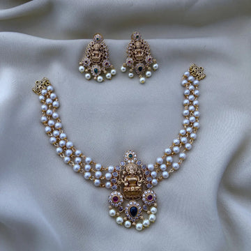Lakshmi Pearl Layered Temple Mala Choker Set with Earrings