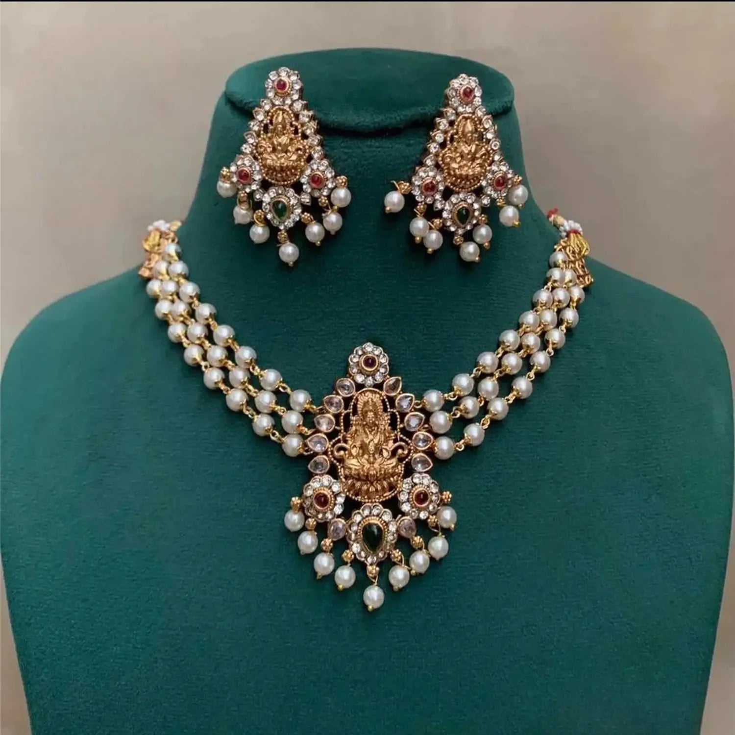 Lakshmi Pearl Layered Temple Mala Choker Set with Earrings