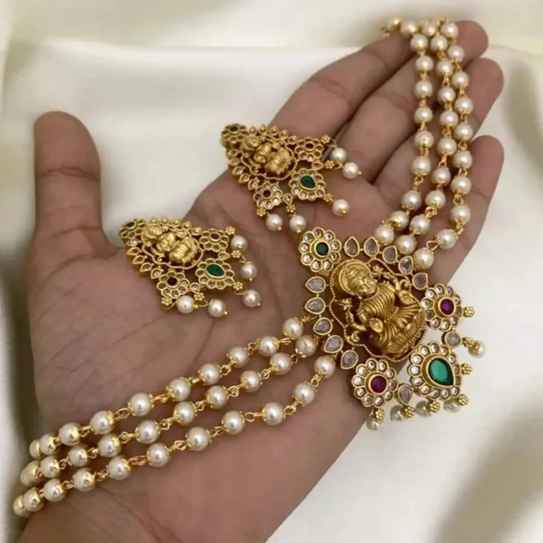 Lakshmi Pearl Layered Temple Mala Choker Set with Earrings