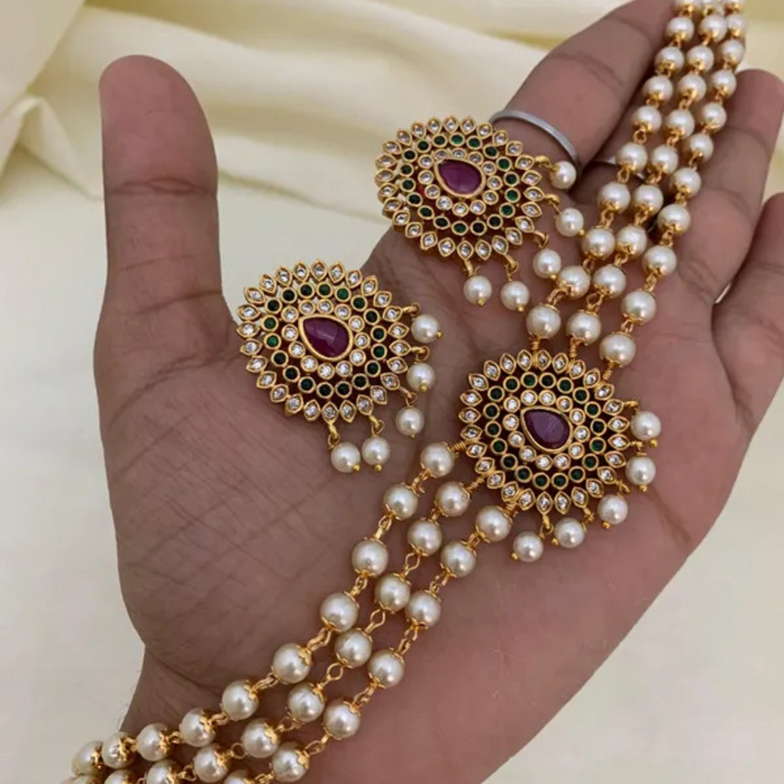 Pearl Mala Kundan AD Choker Set with Ruby Stone