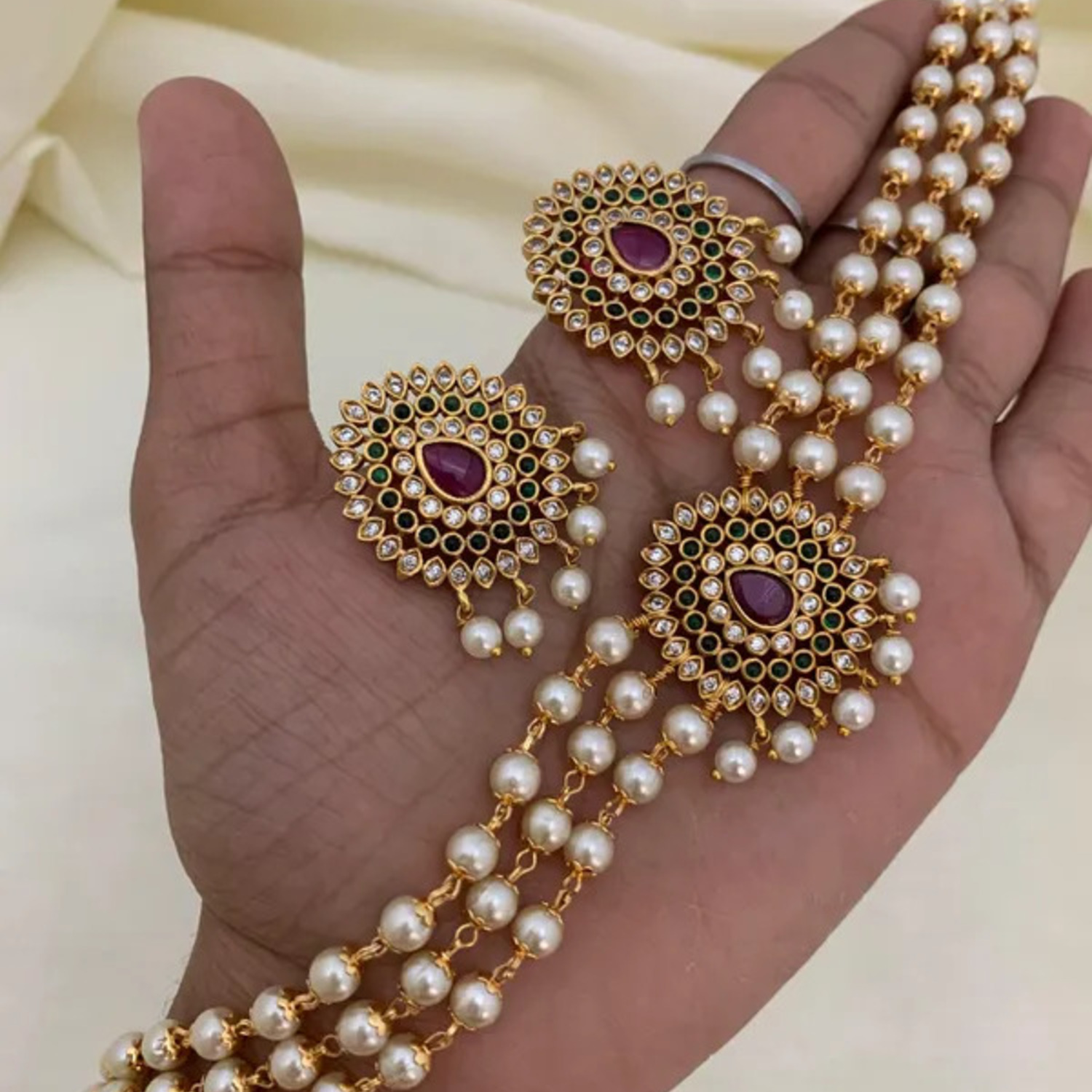 Pearl Mala Kundan AD Choker Set with Ruby Stone