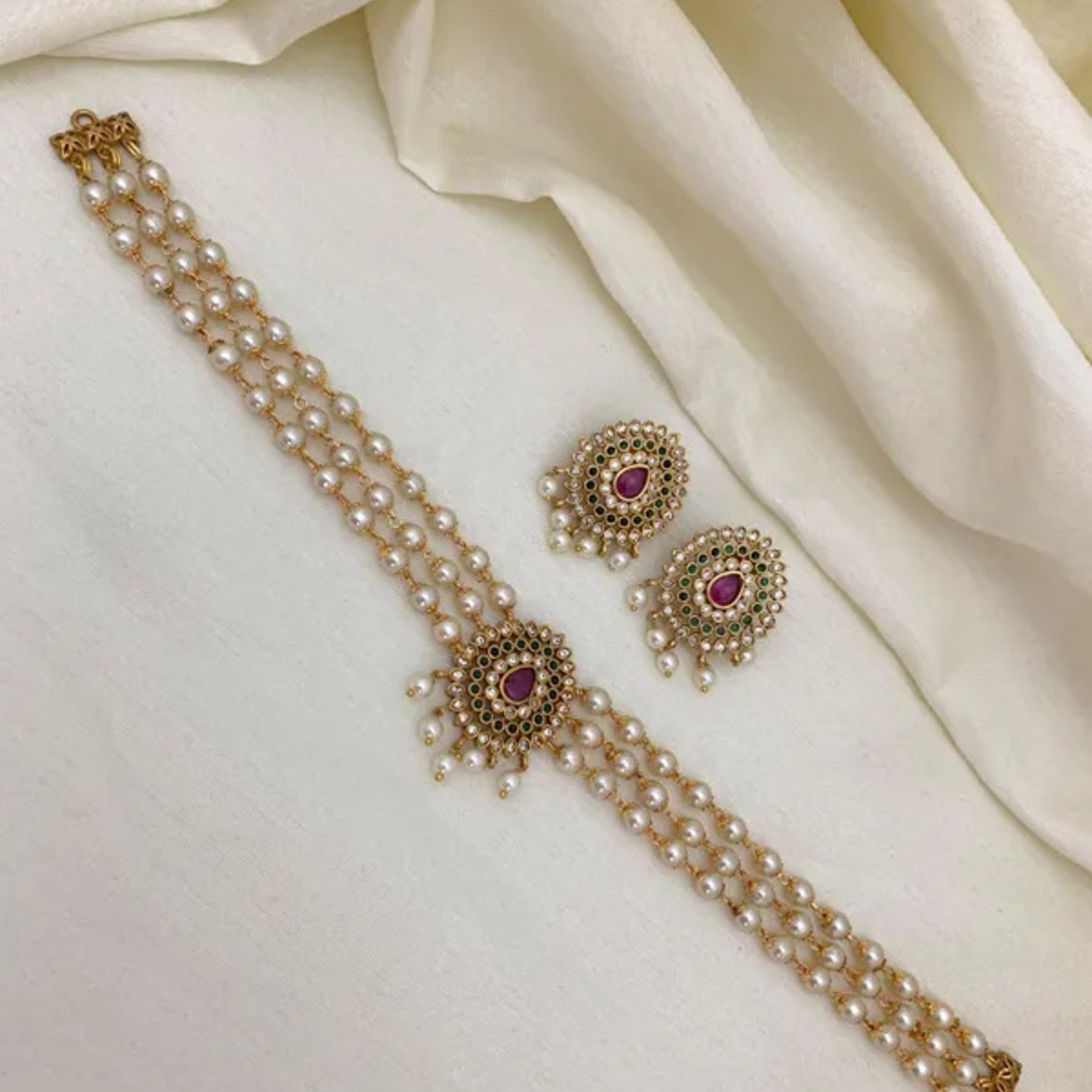 Pearl Mala Kundan AD Choker Set with Ruby Stone