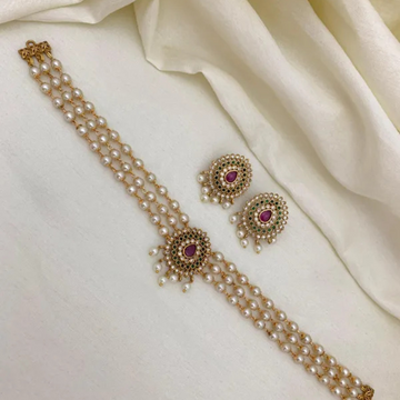 Pearl Mala Kundan AD Choker Set with Ruby Stone