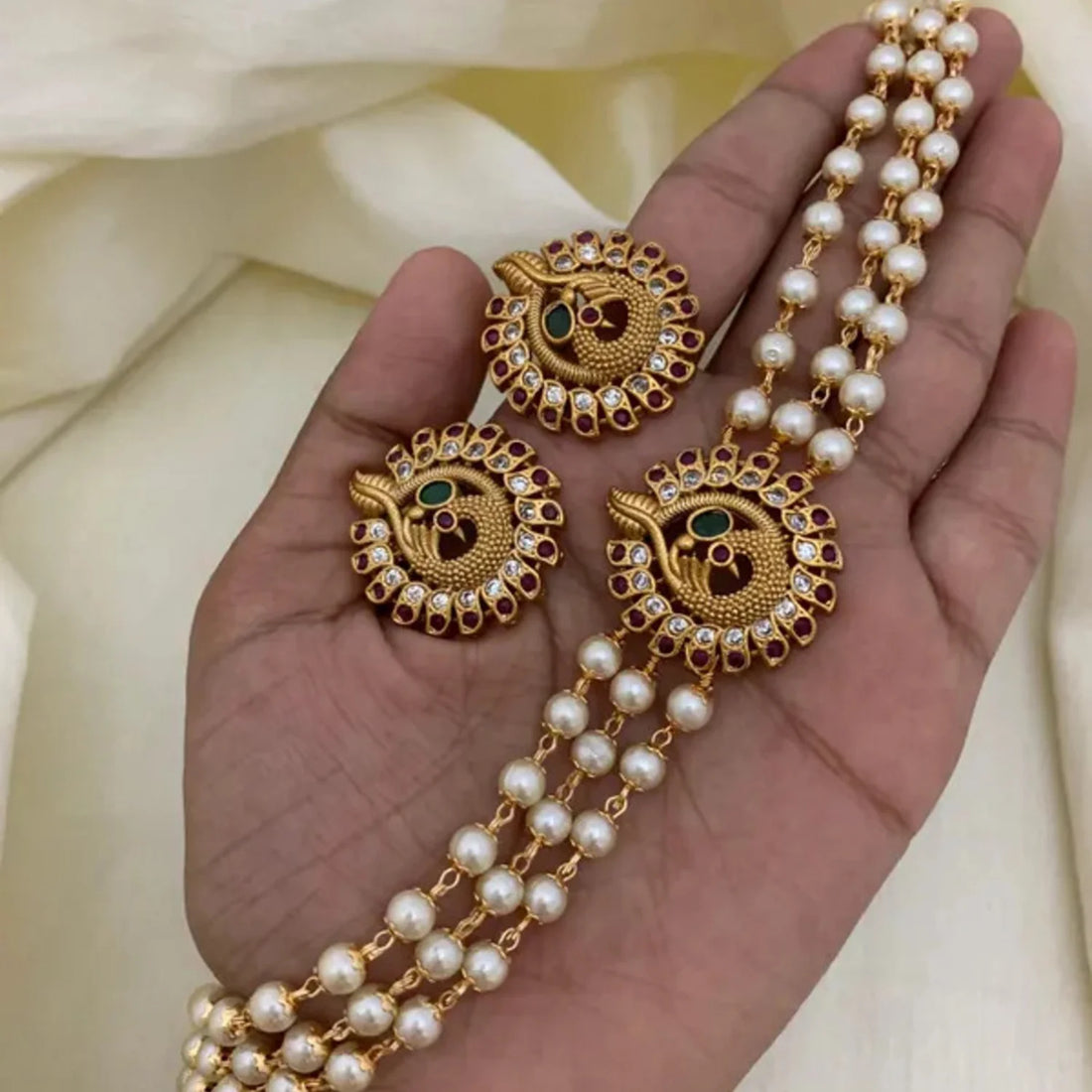 Peacock Pearl Multi Layer Temple Choker Set