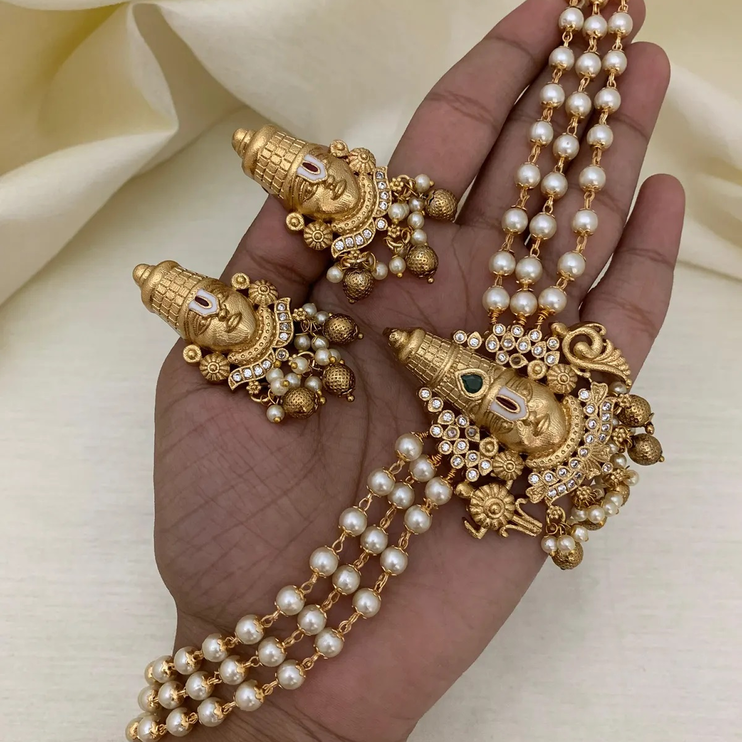 Balaji Temple Pearl Layered Mala Choker Set with Earrings
