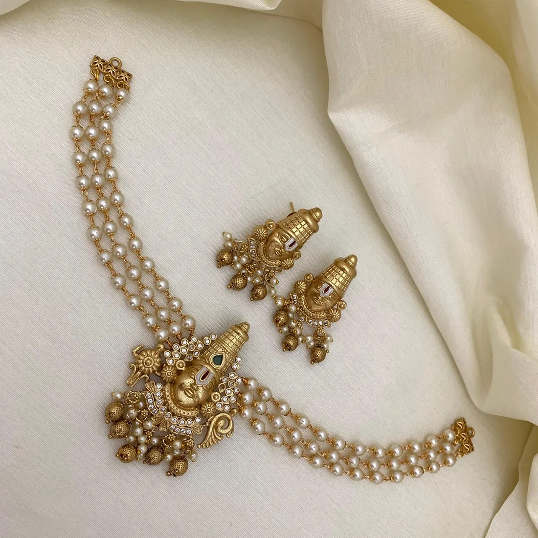 Balaji Temple Pearl Layered Mala Choker Set with Earrings