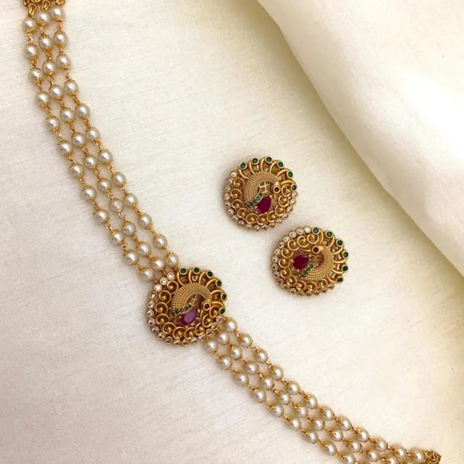 Peacock Pearl Mala AD Choker Set with Ruby Stone