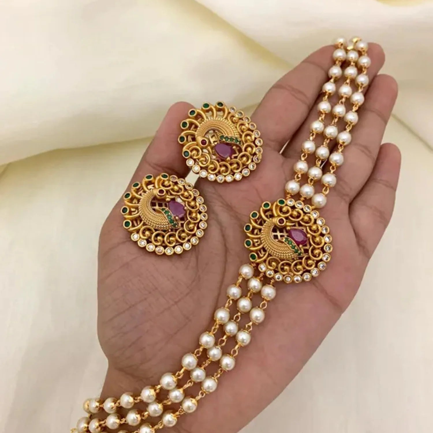Peacock Pearl Mala AD Choker Set with Ruby Stone