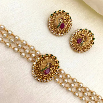 Peacock Pearl Mala AD Choker Set with Ruby Stone