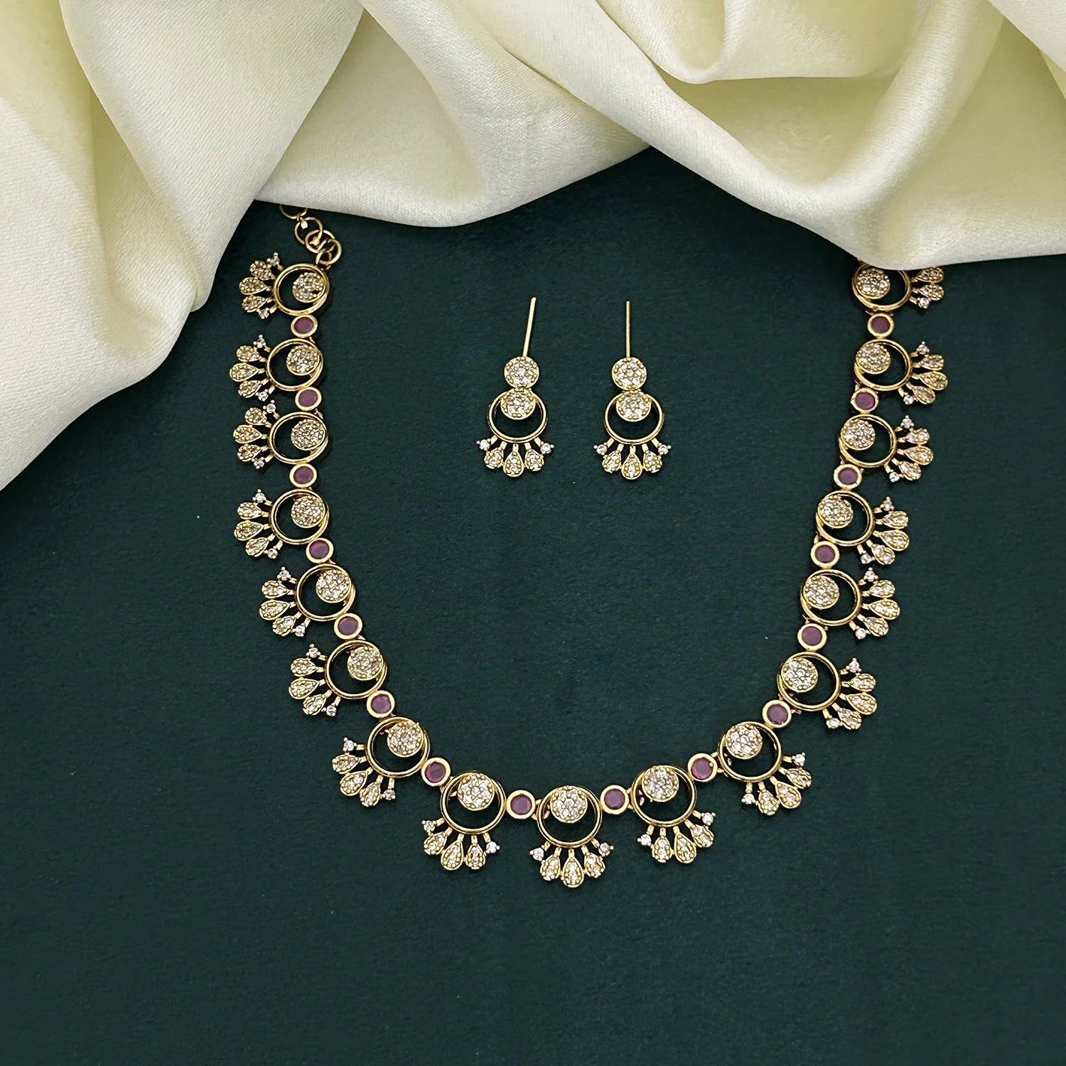 Ruby Stone American Diamond Necklace Set with Earrings