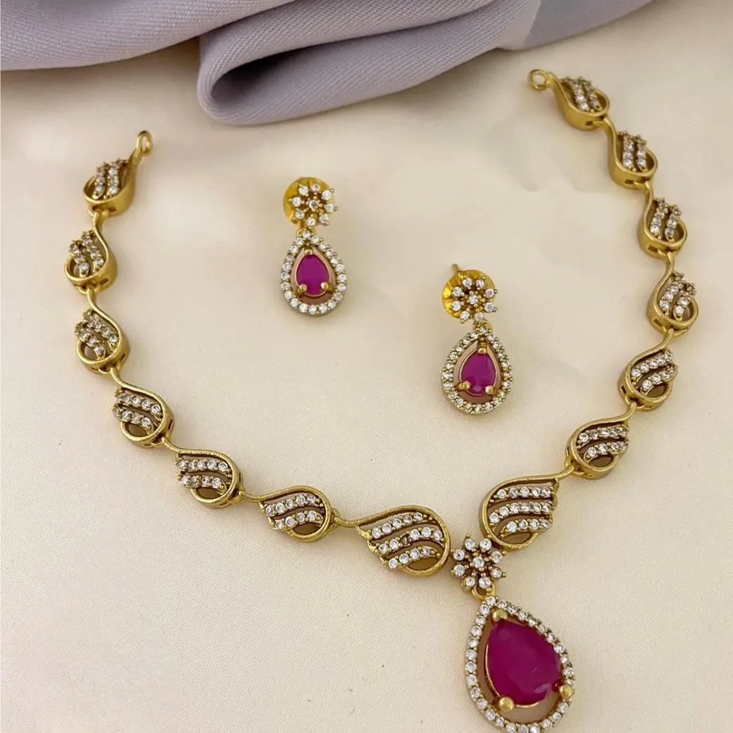 Pink Stone American Diamond Necklace Set with Earrings
