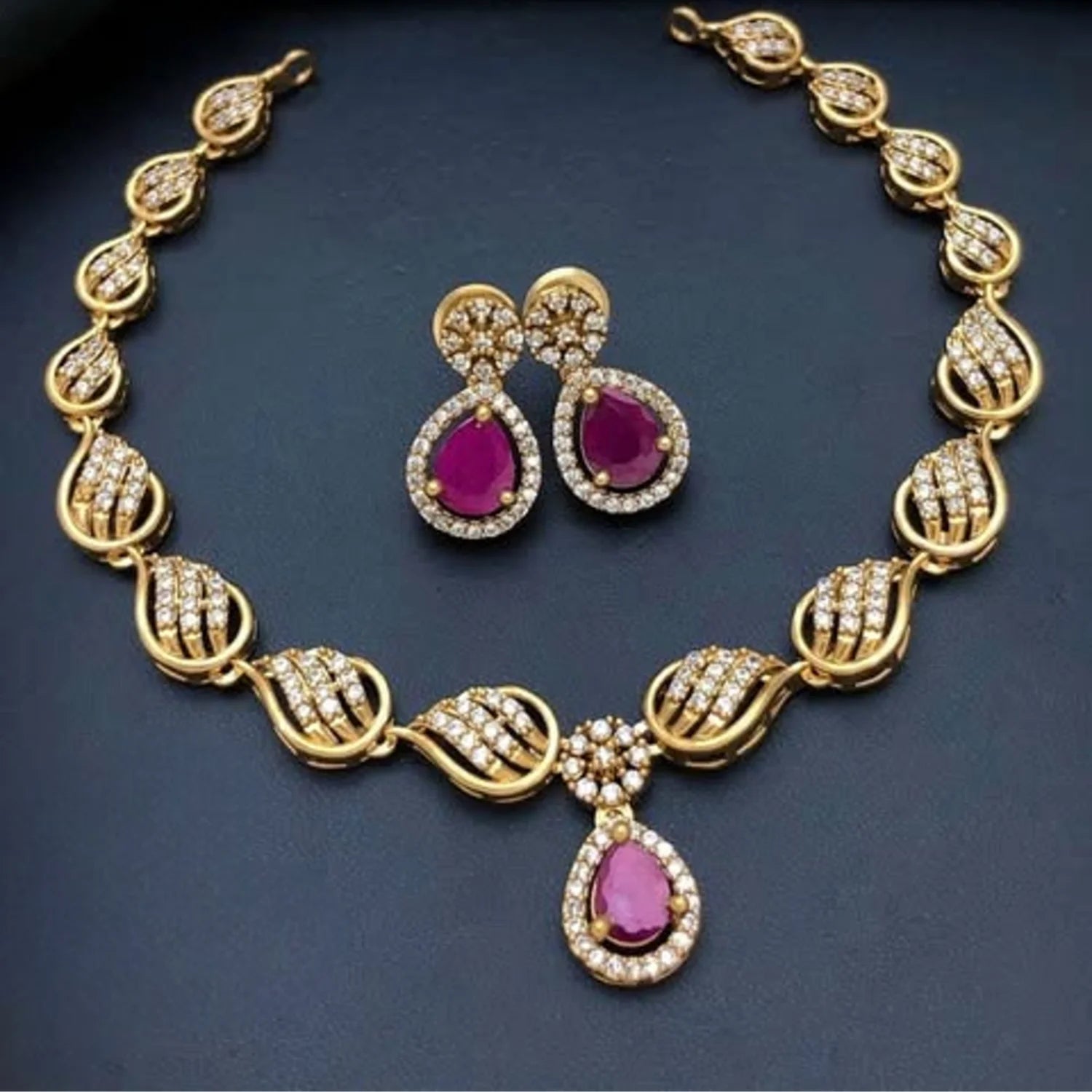 Pink Stone American Diamond Necklace Set with Earrings