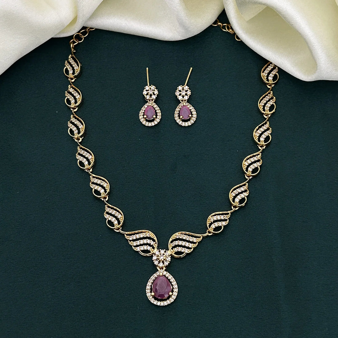 Pink Stone American Diamond Necklace Set with Earrings