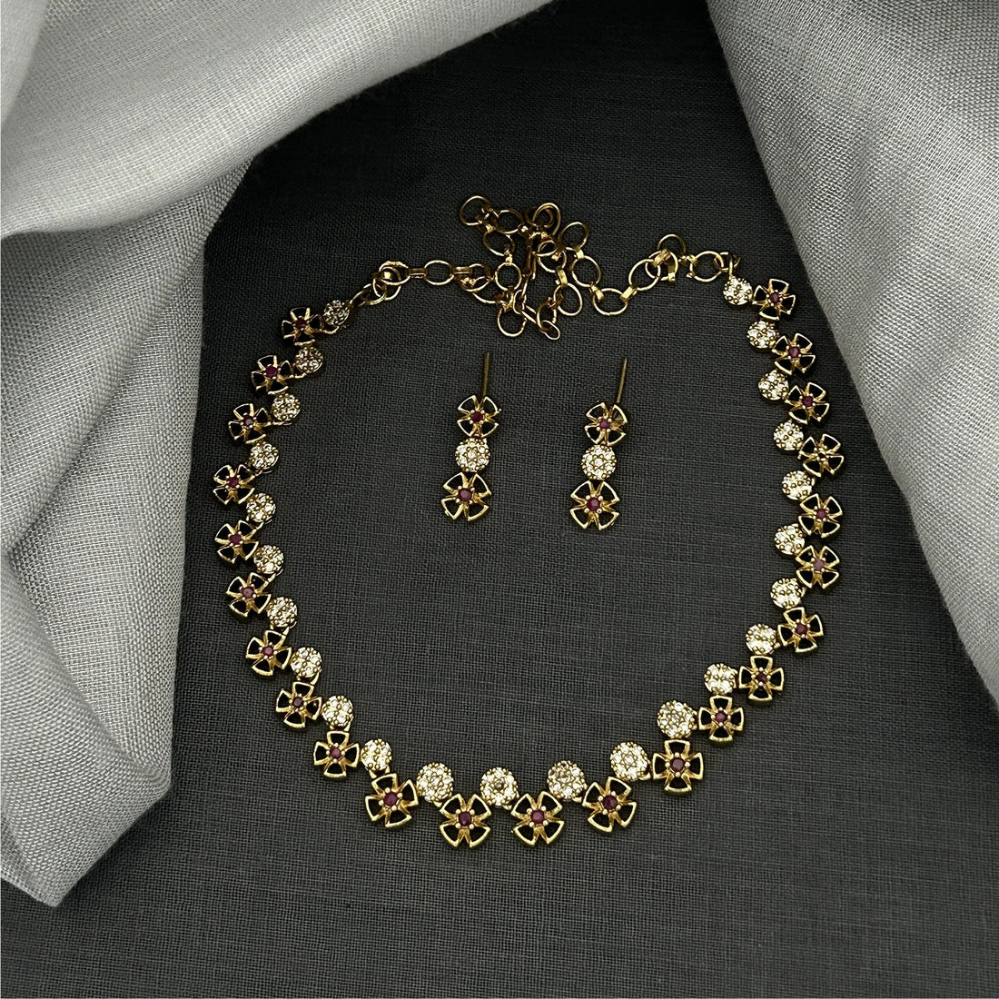 Floral Circle American Diamond Necklace Set
