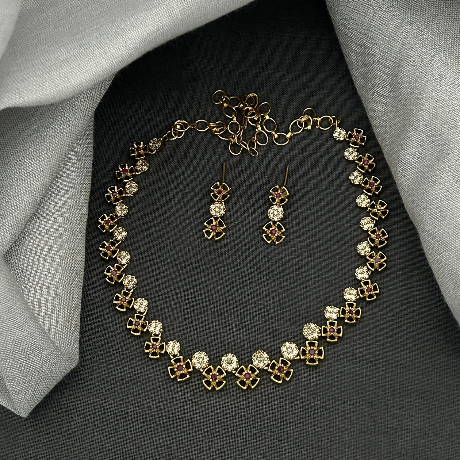 Floral Circle American Diamond Necklace Set