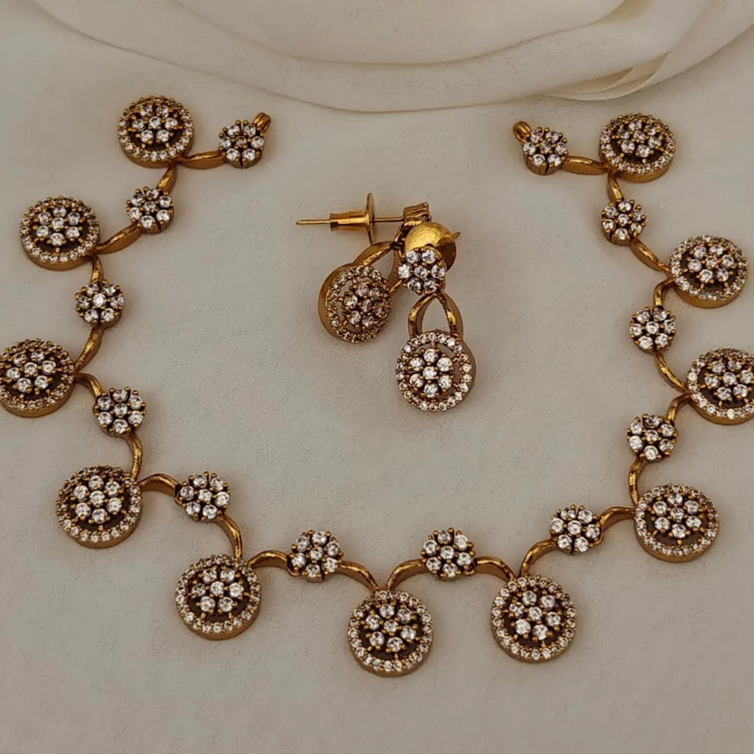 Round Floral American Diamond Necklace Set