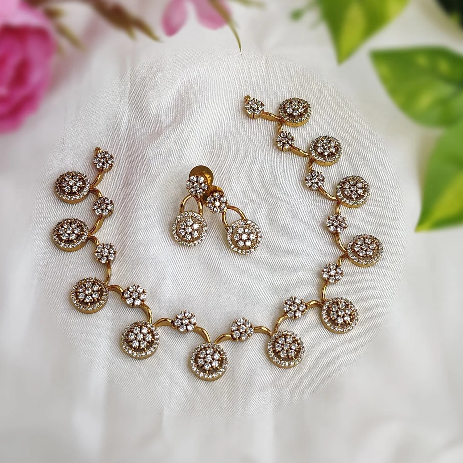 Round Floral American Diamond Necklace Set
