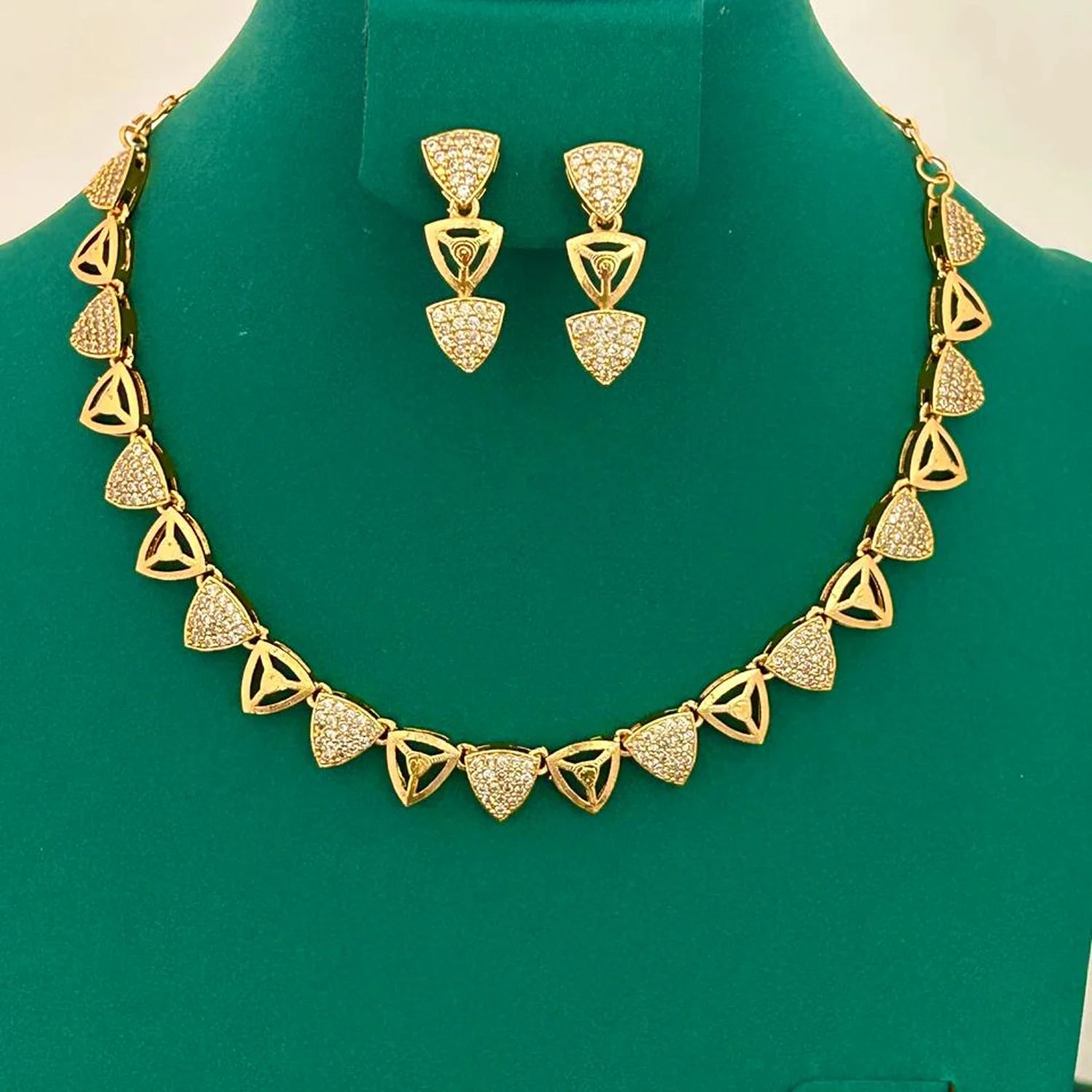 Geometric Gold Plated American Diamond Necklace Set