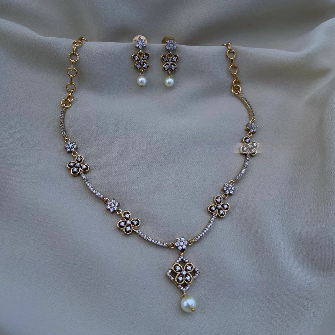 Floral Pearl Drop American Diamond Necklace Set