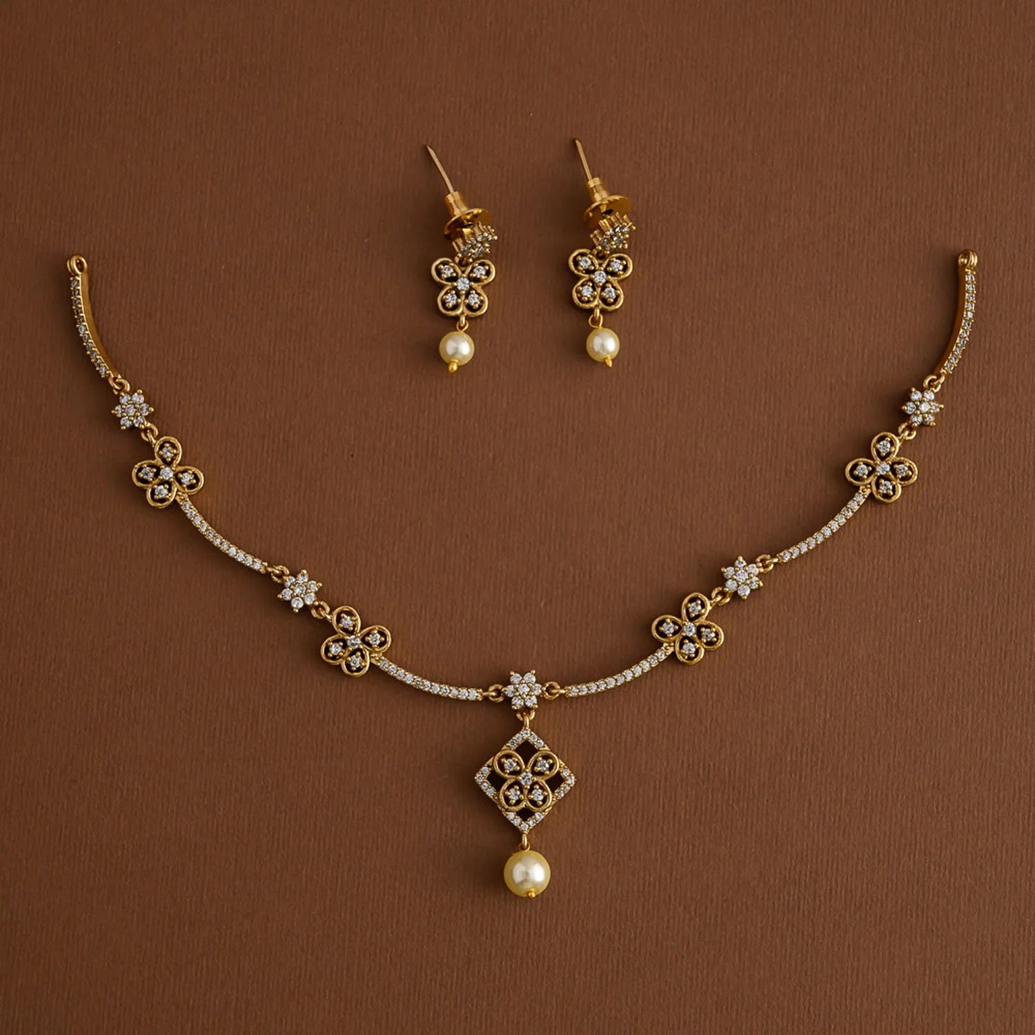 Floral Pearl Drop American Diamond Necklace Set