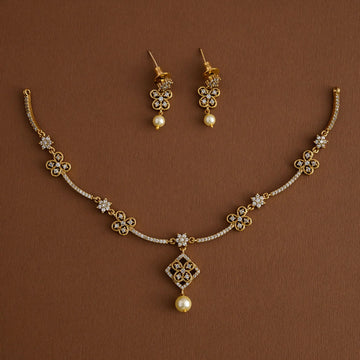 Floral Pearl Drop American Diamond Necklace Set