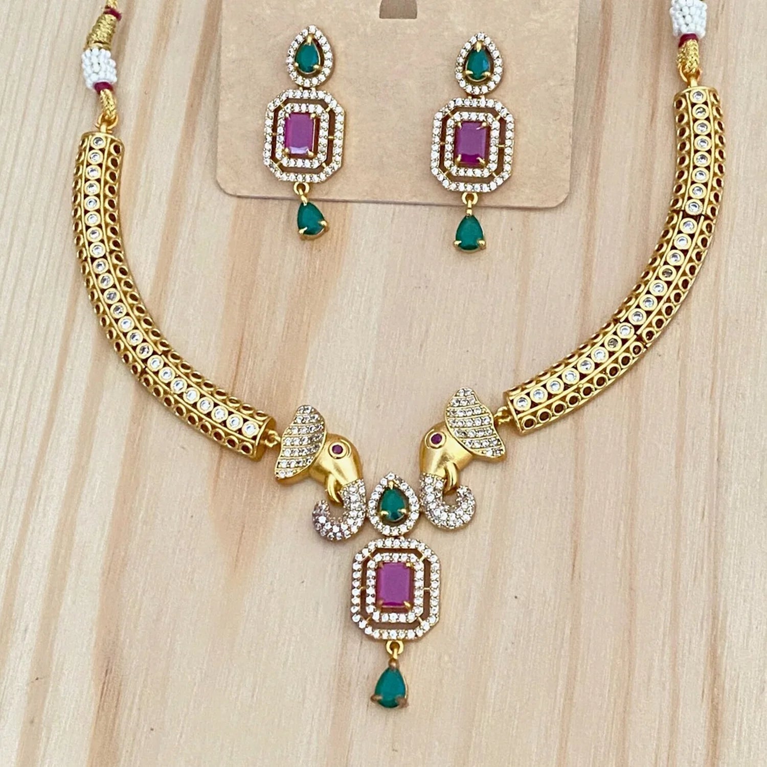 Ruby Stone Gold Plated American Diamond Necklace Set