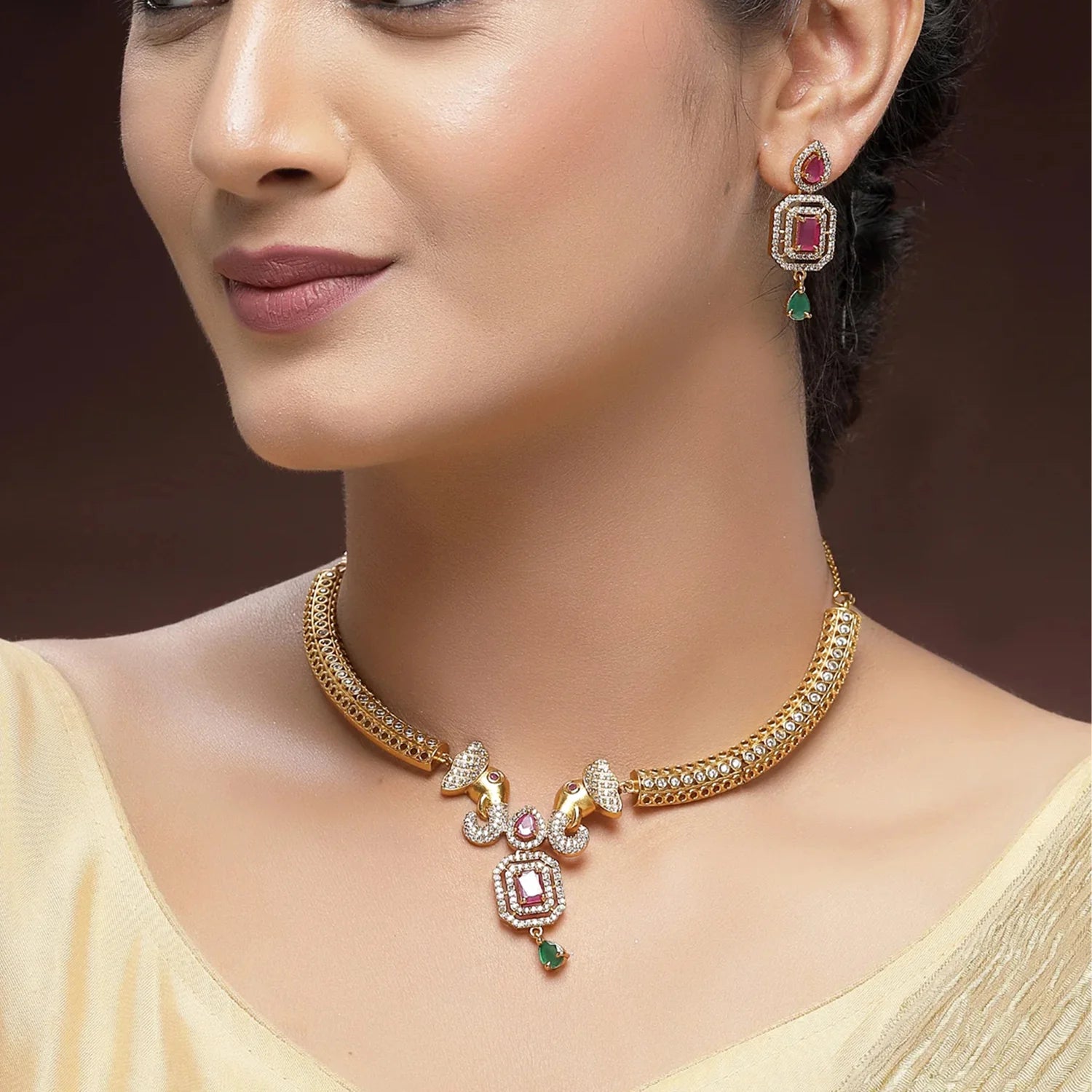 Ruby Stone Gold Plated American Diamond Necklace Set