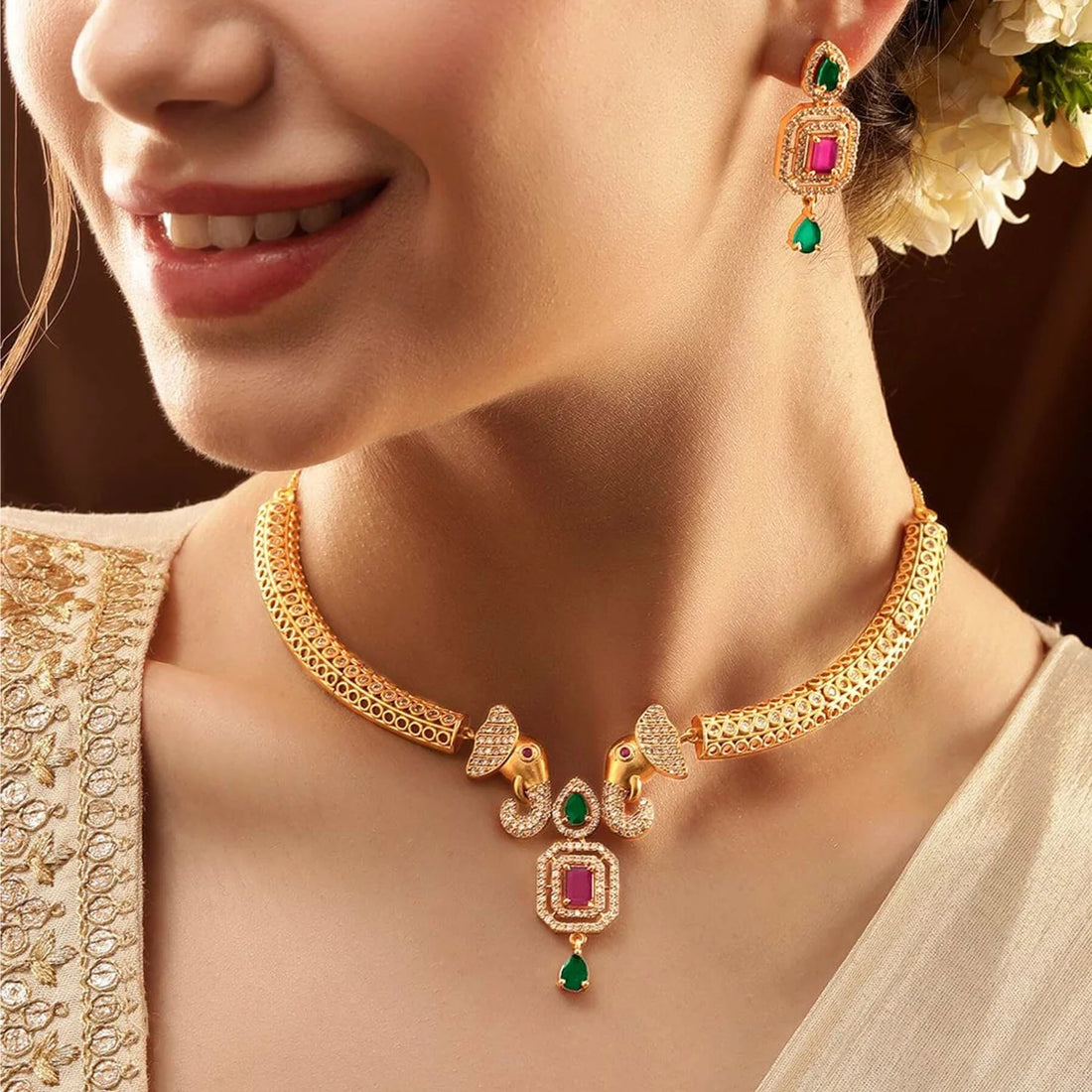 Ruby Stone Gold Plated American Diamond Necklace Set