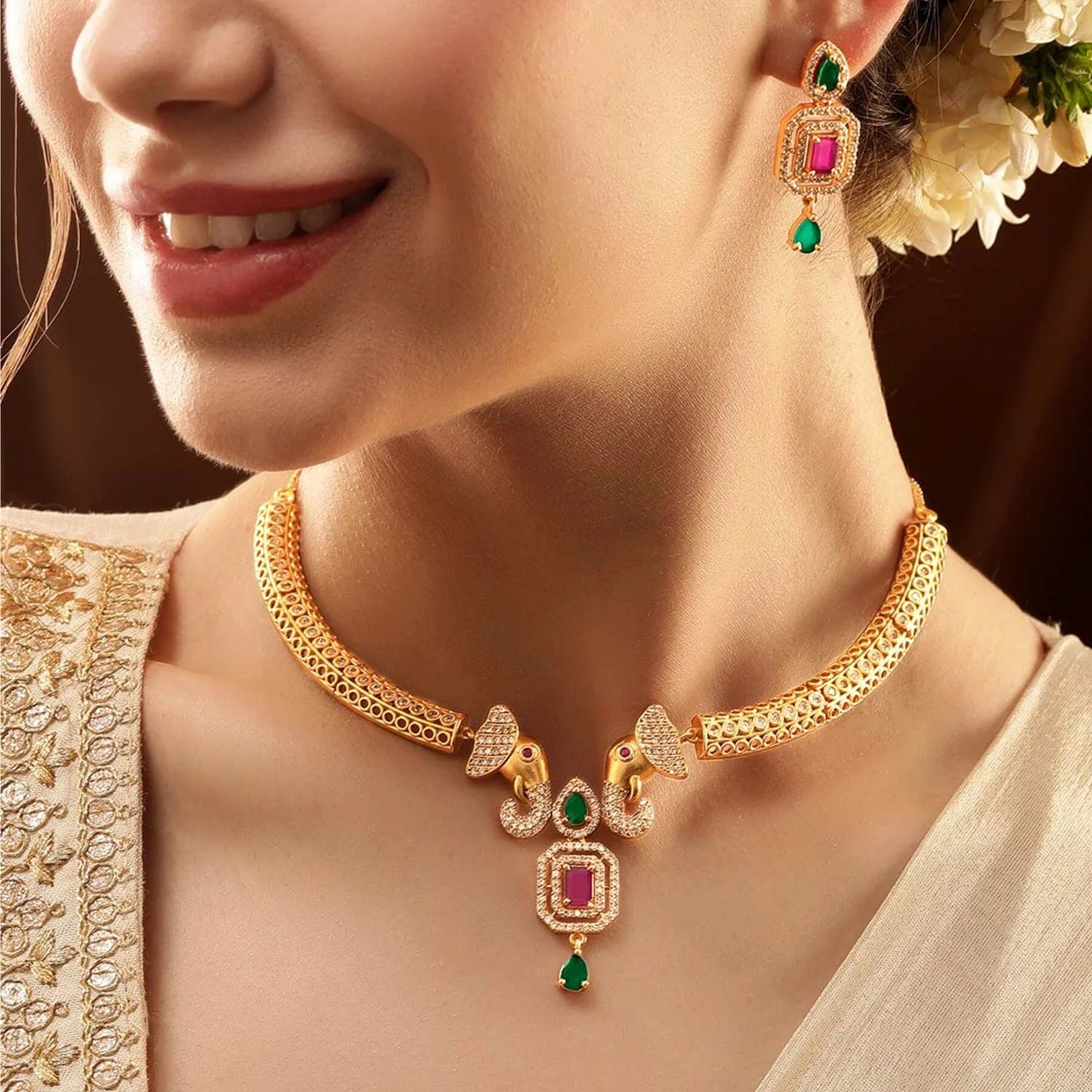 Ruby Stone Gold Plated American Diamond Necklace Set