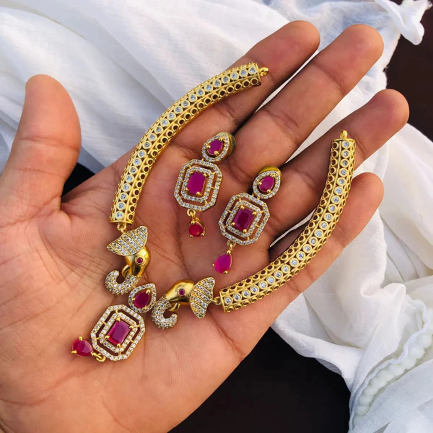 Ruby Stone Gold Plated American Diamond Necklace Set