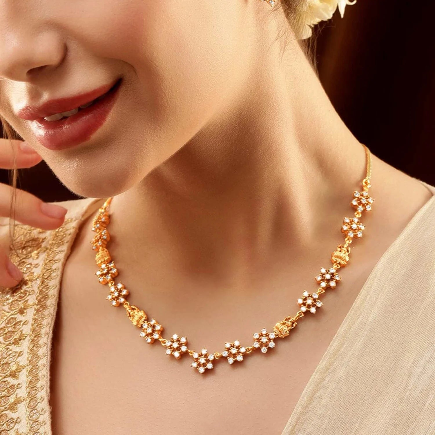 Floral American Diamond Gold Plated Necklace Set