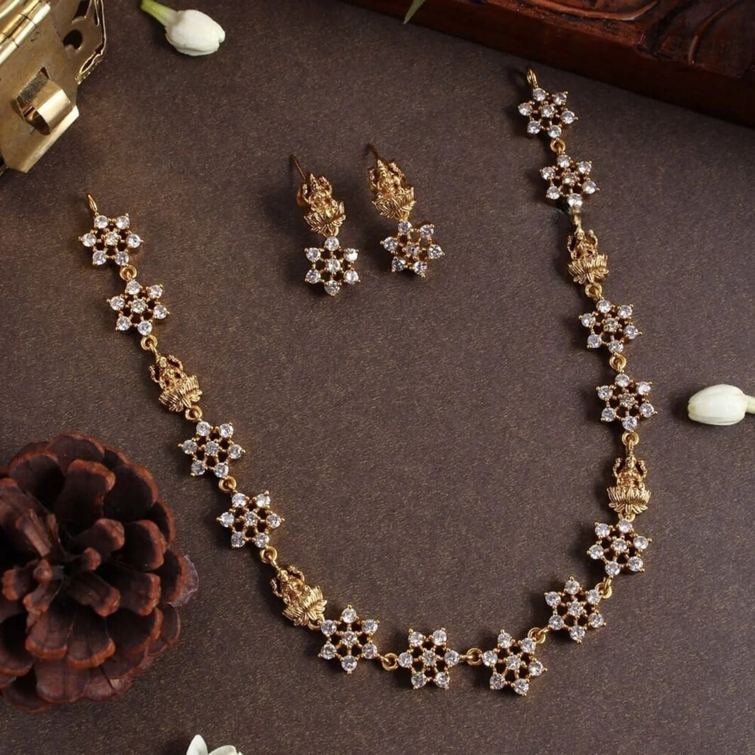 Floral American Diamond Gold Plated Necklace Set