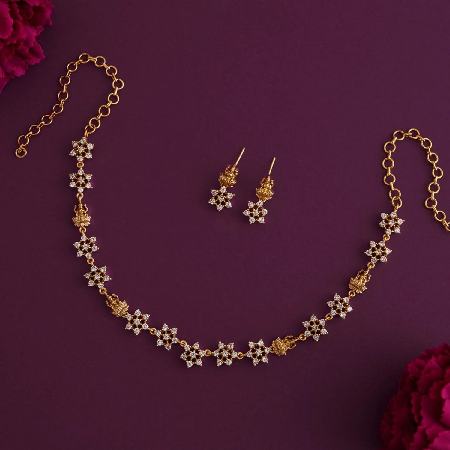 Floral American Diamond Gold Plated Necklace Set