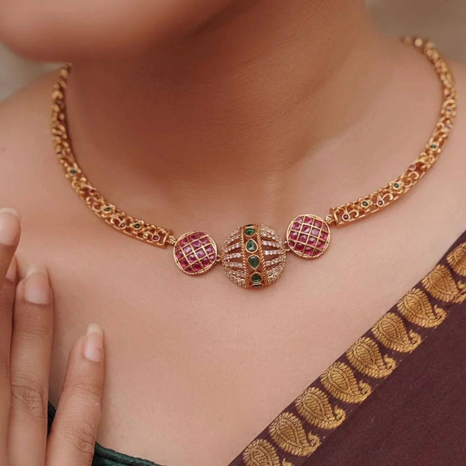 Elegant Gold Plated American Diamond Choker Necklace Set