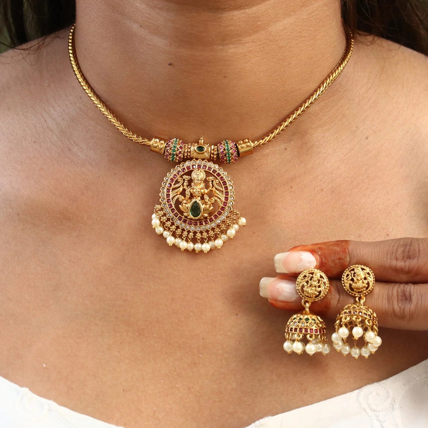 Temple Lakshmi Gold Plated American Diamond Necklace Set