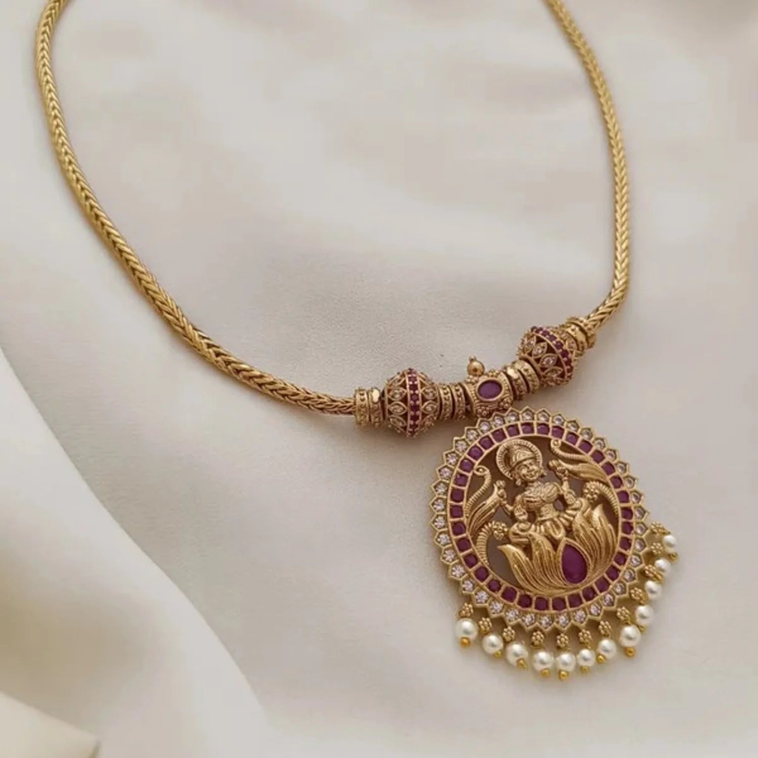 Temple Lakshmi Gold Plated American Diamond Necklace Set