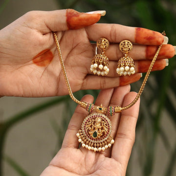 Temple Lakshmi Gold Plated American Diamond Necklace Set