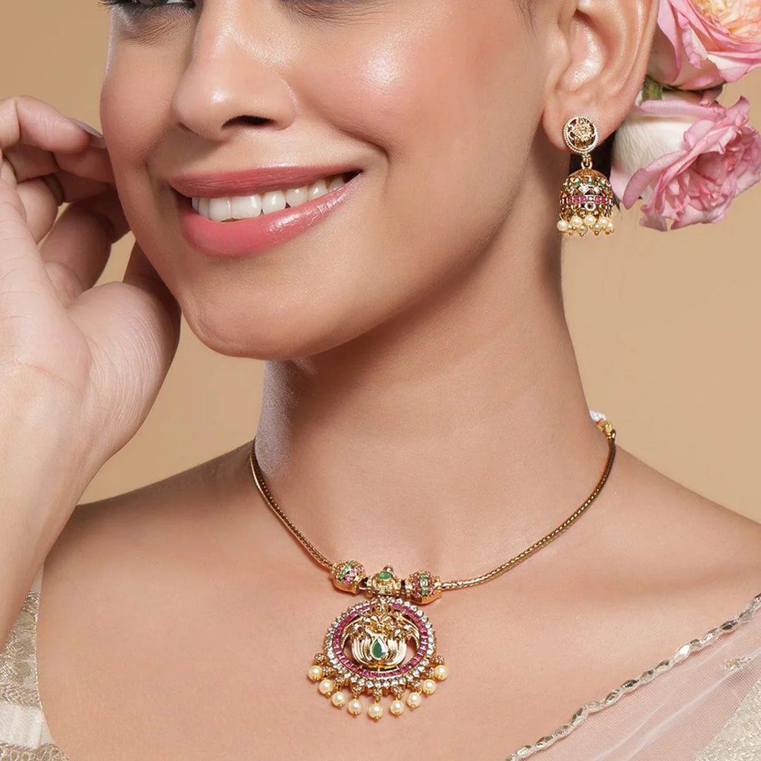Temple Lakshmi Gold Plated American Diamond Necklace Set