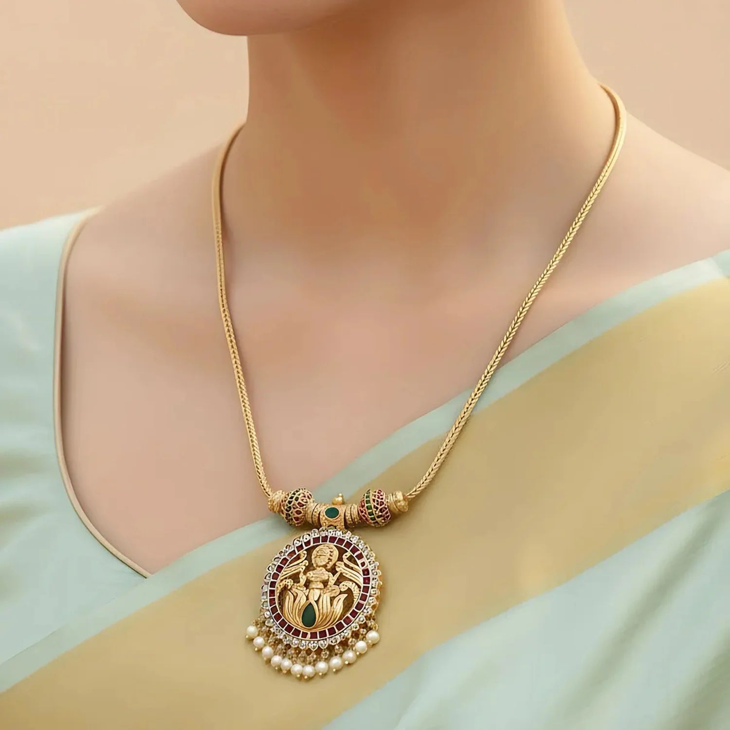 Temple Lakshmi Gold Plated American Diamond Necklace Set