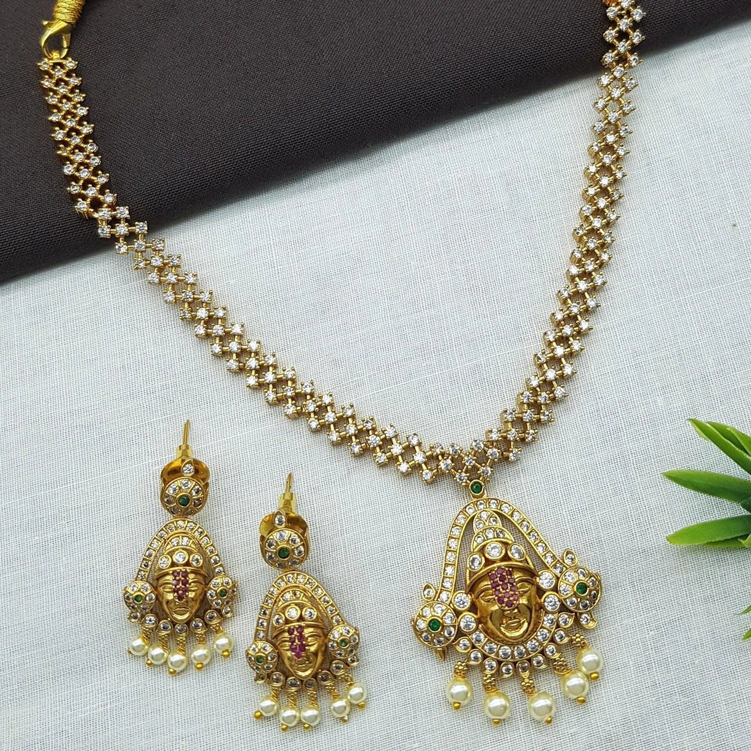 Temple Goddess Gold Plated American Diamond Necklace Set
