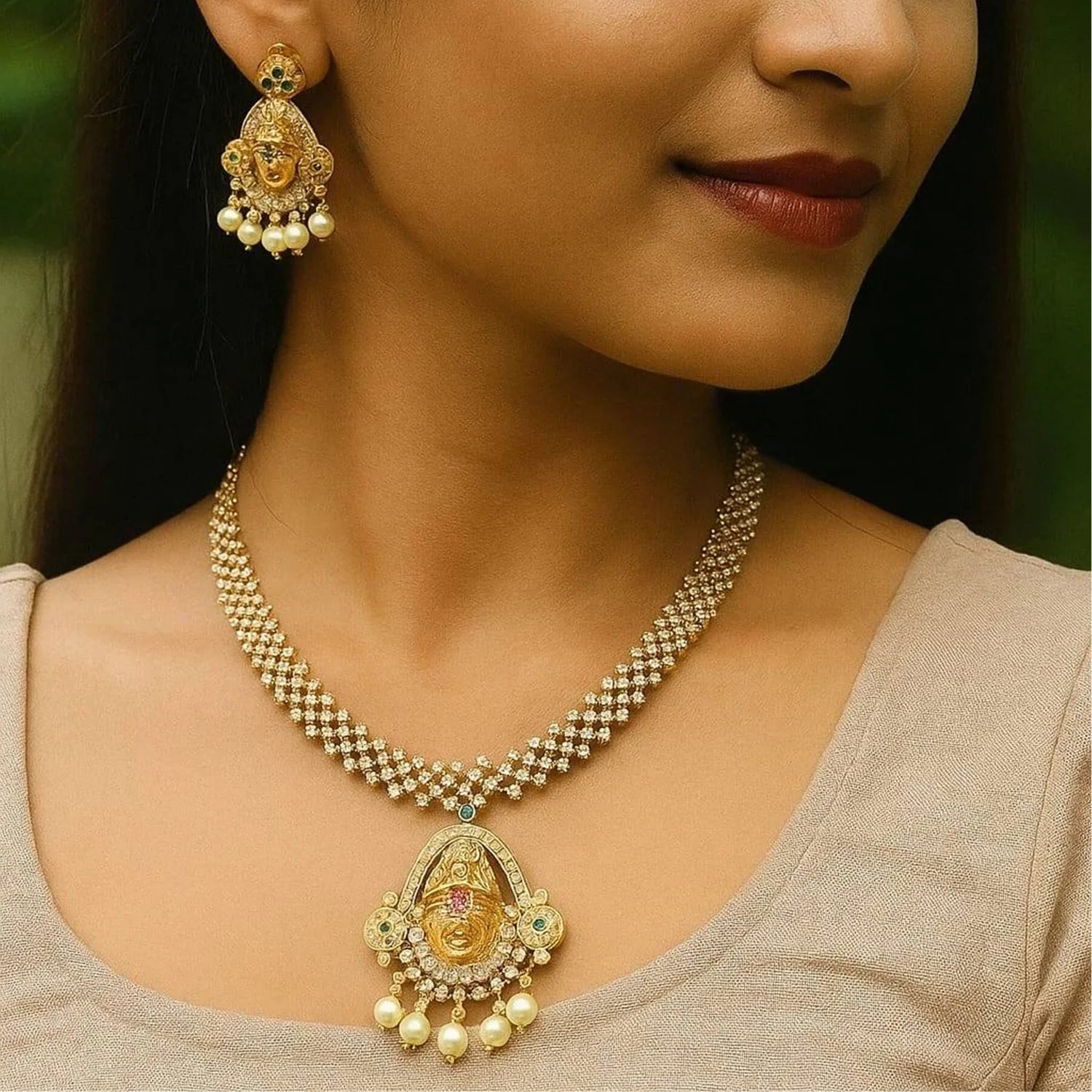 Temple Goddess Gold Plated American Diamond Necklace Set