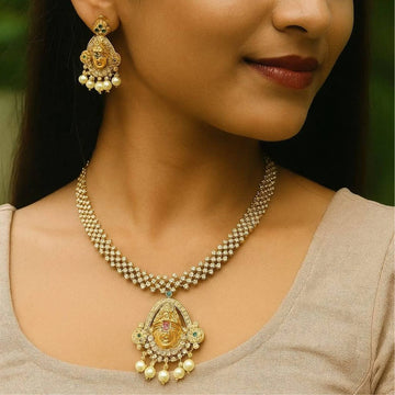 Temple Goddess Gold Plated American Diamond Necklace Set