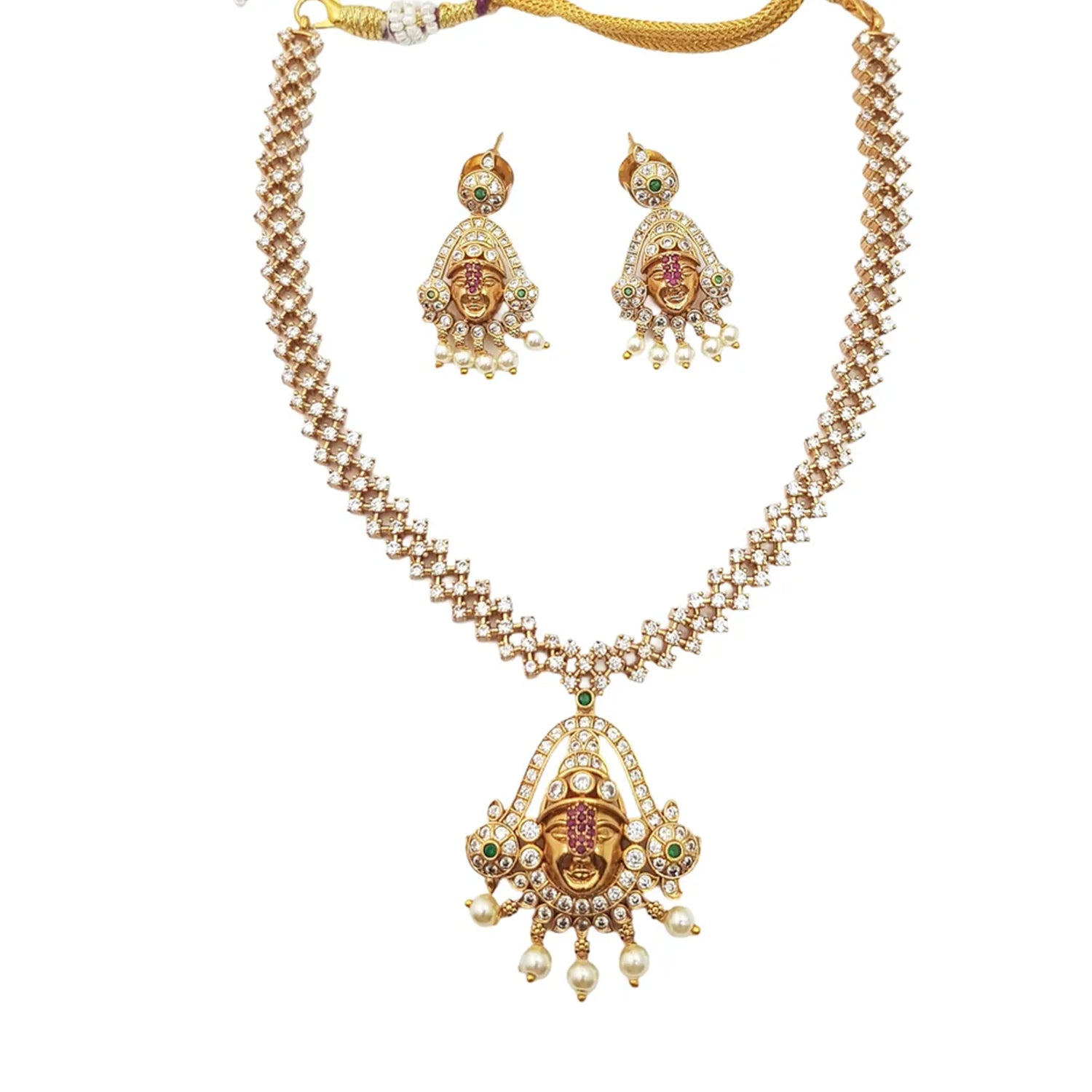 Temple Goddess Gold Plated American Diamond Necklace Set