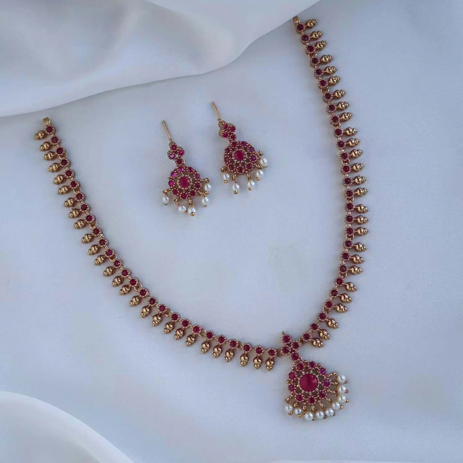 Ruby Stone Gold Plated American Diamond Necklace Set